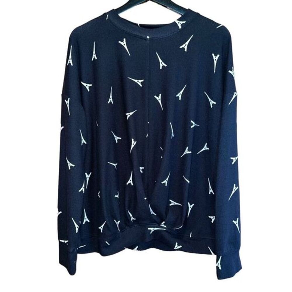Como Blue Pleated Crew Neck Sweater Size‎ XL Navy White Eiffel Tower Print